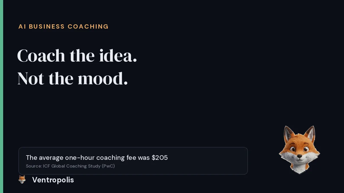 Cover reading An AI business coach coaches the idea, not the mood, with a callout that the average one-hour coaching fee was 205 dollars, sourced to the ICF Global Coaching Study, and the Foxy mascot in the corner