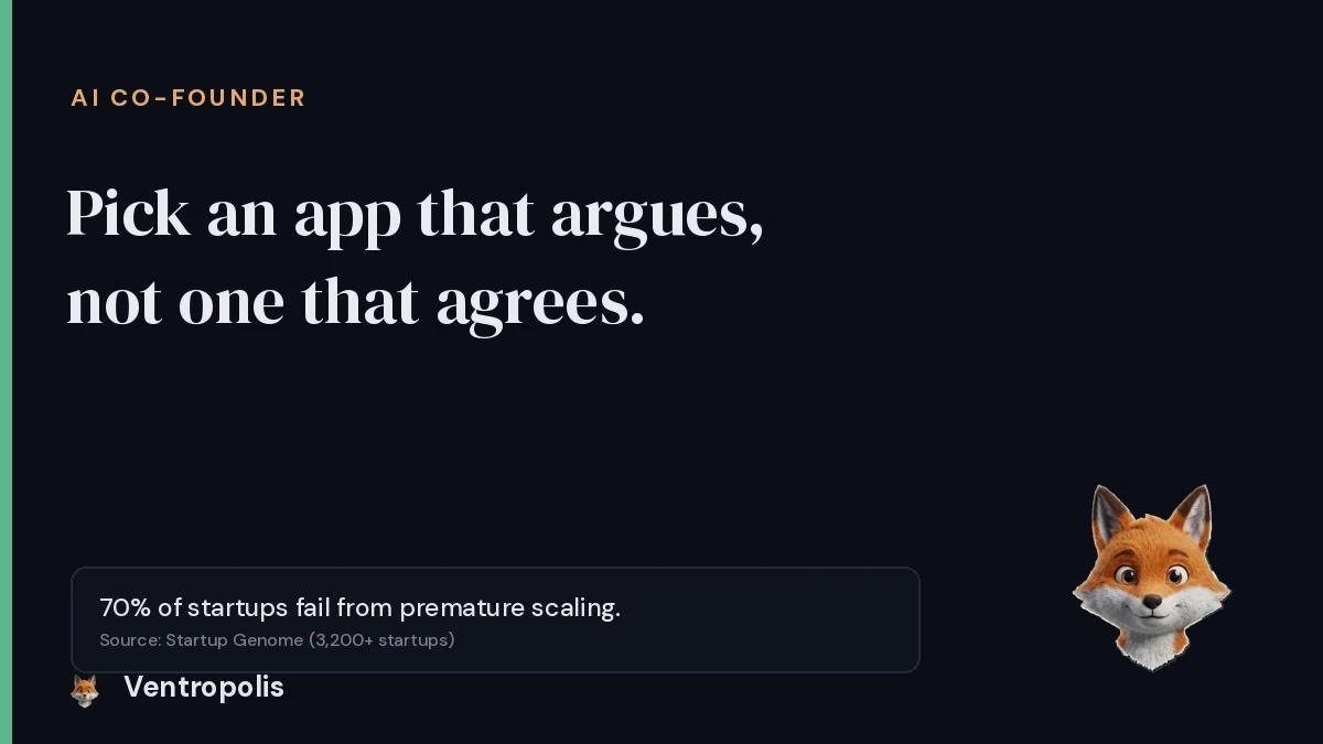 Cover reading Pick an AI co-founder app that argues, not agrees, with a callout that 70 percent of startups fail from premature scaling, sourced to Startup Genome, and the Foxy mascot in the corner