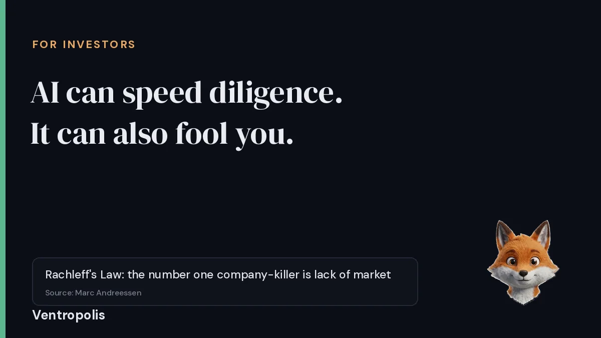 Dark cover reading AI tools for startup due diligence, where they help and where they lie, with a callout quoting Rachleff's Law that the number one company killer is lack of market, sourced to Marc Andreessen, and the Foxy mascot in the corner