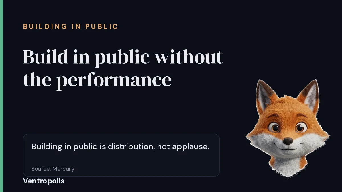 Cover reading build in public without the performance, with a callout that building in public is distribution not applause, sourced to Mercury, and the Foxy mascot in the corner