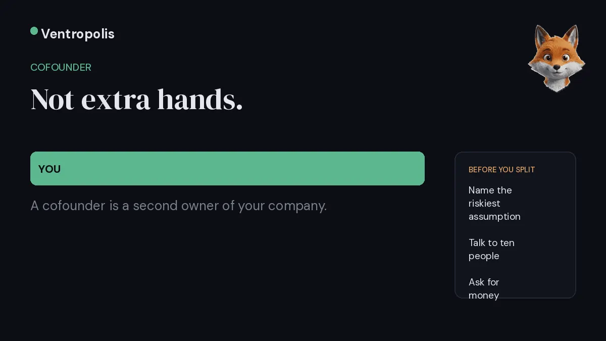 Cover reading cofounder, what you actually get, showing a slice of equity moving from one founder to a second one next to a stat card noting only 41% of two-founder teams split equity equally