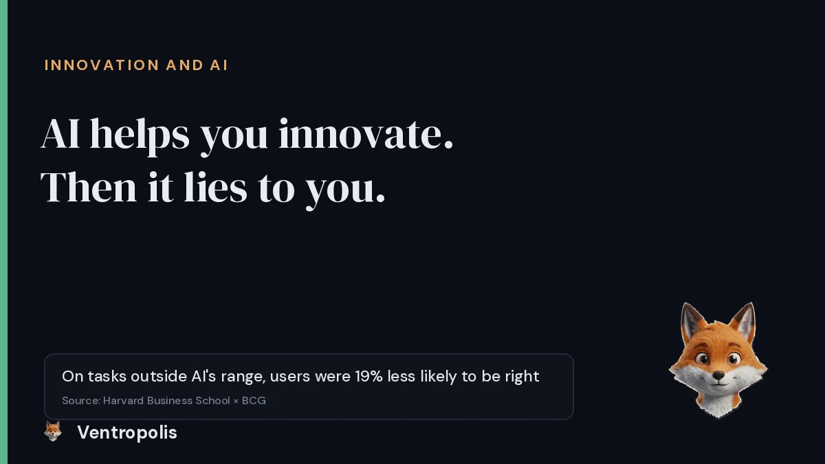 Cover reading innovation and AI, showing a jagged line splitting a bright generate side from a dim decide side, with a fox mascot in the corner