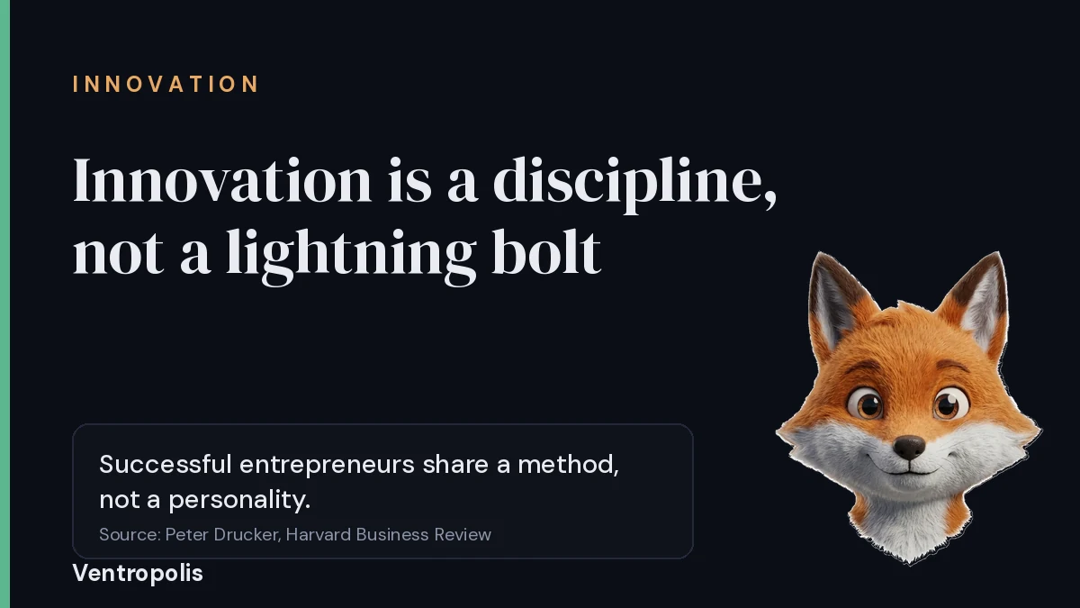 Cover reading innovation is a discipline not a lightning bolt, with a callout that successful entrepreneurs share a method not a personality, sourced to Peter Drucker in Harvard Business Review, and the Foxy mascot in the corner