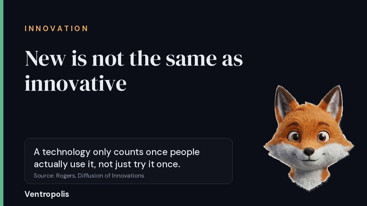 Dark title card reading Innovative technology with a callout that says new is not the same as used and a small fox mascot