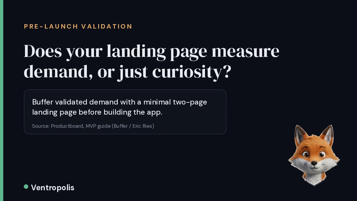 Dark slide with the headline Does your landing page measure demand or curiosity and a callout box quoting Buffer founder Joel Gascoigne on his first validated learning, sourced to Productboard.